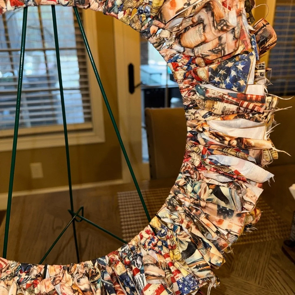 Hand Crafted Patriotic Fabric Wreath - Red, Blue, White